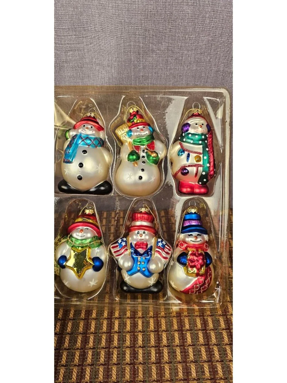 Holiday Living Glass Snowman Ornament Set Of 6 Christmas Decorations Patriotic &